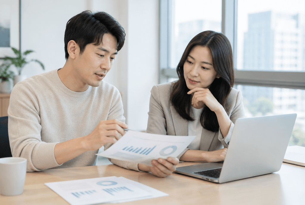 차트를 보며 의논하는 21랩 마케터들